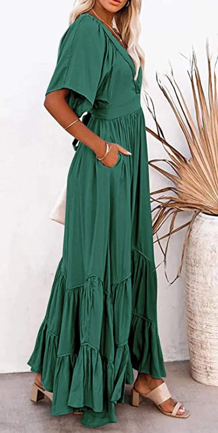 CHARTOU Women's Boho Ruffle Sleeve Flowy Maxi Dress Lace Up Back Tiered Party A Line Dress