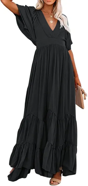 CHARTOU Women's Boho Ruffle Sleeve Flowy Maxi Dress Lace Up Back Tiered Party A Line Dress