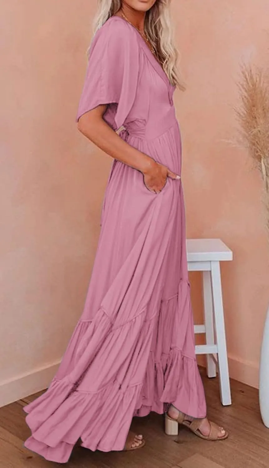 CHARTOU Women's Boho Ruffle Sleeve Flowy Maxi Dress Lace Up Back Tiered Party A Line Dress