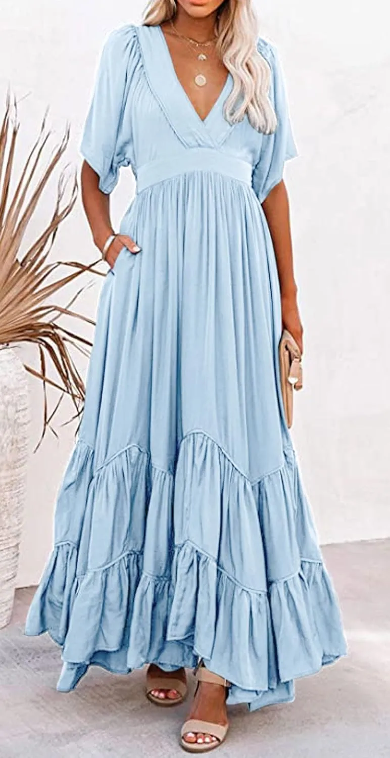 CHARTOU Women's Boho Ruffle Sleeve Flowy Maxi Dress Lace Up Back Tiered Party A Line Dress