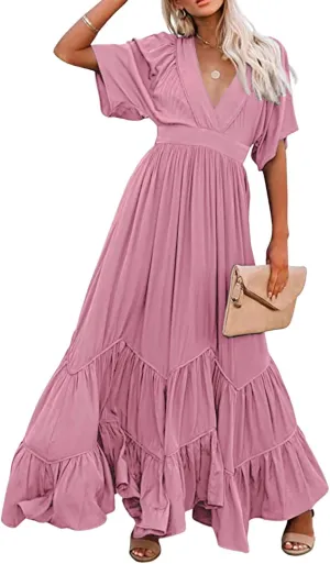 CHARTOU Women's Boho Ruffle Sleeve Flowy Maxi Dress Lace Up Back Tiered Party A Line Dress