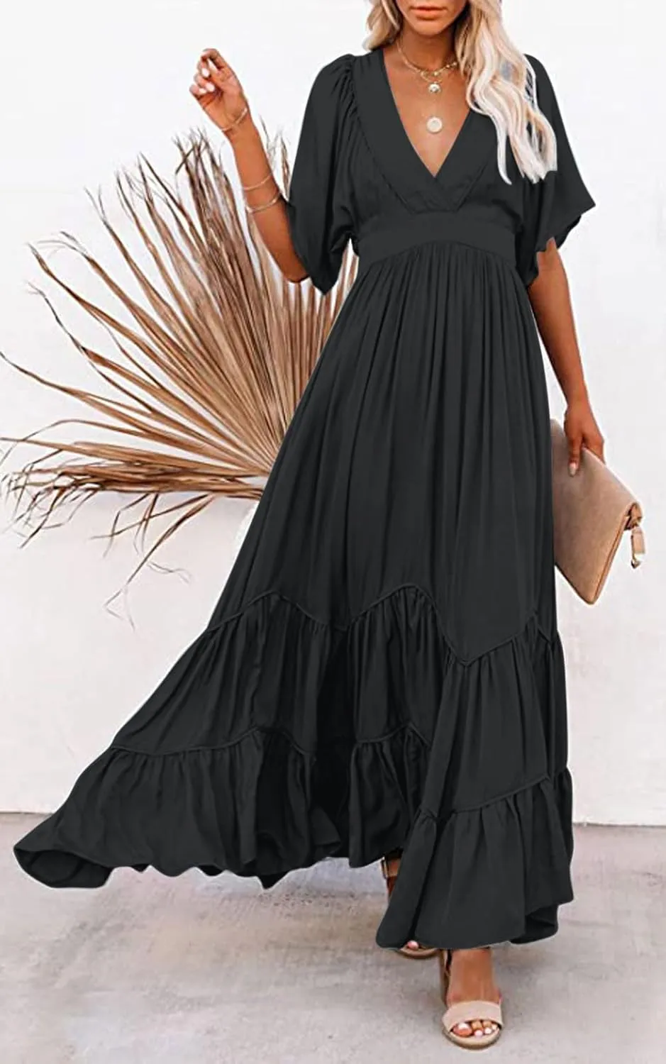 CHARTOU Women's Boho Ruffle Sleeve Flowy Maxi Dress Lace Up Back Tiered Party A Line Dress