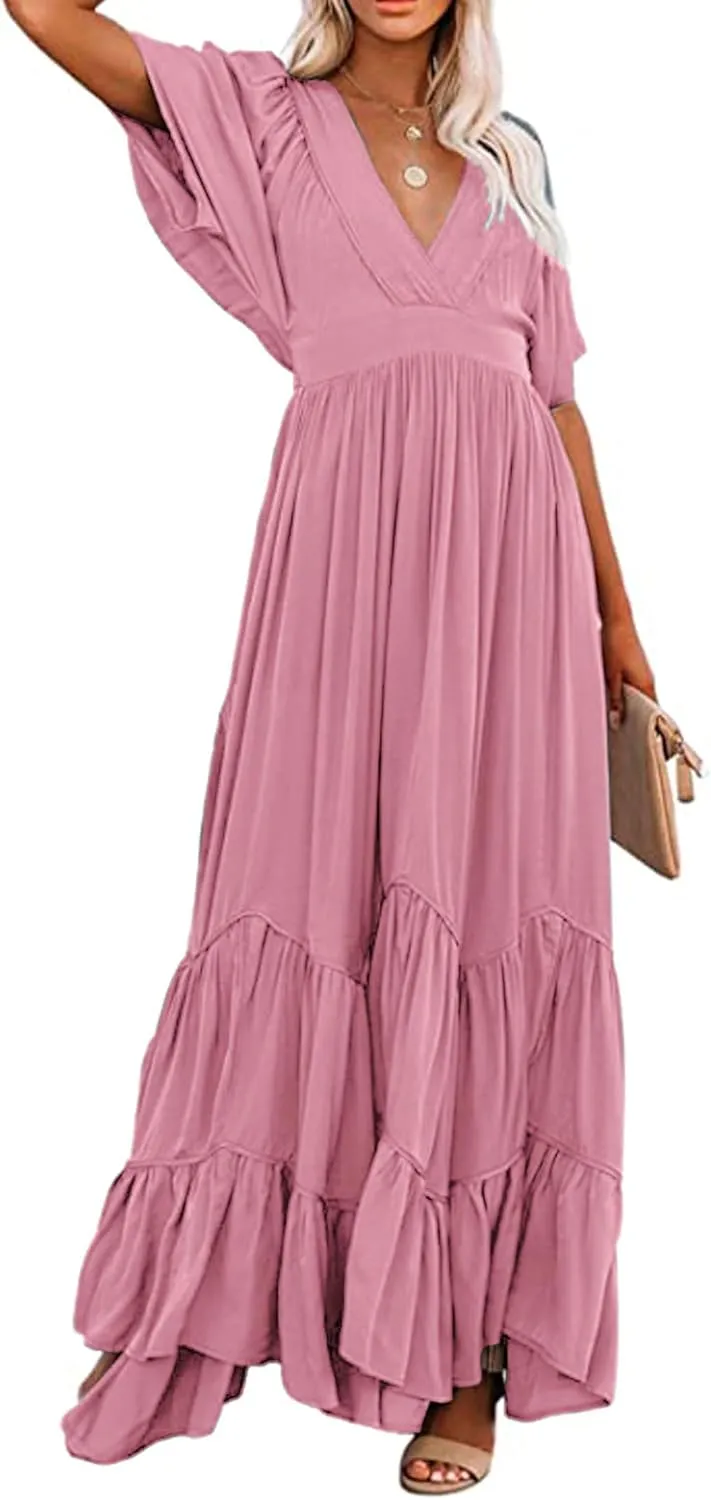 CHARTOU Women's Boho Ruffle Sleeve Flowy Maxi Dress Lace Up Back Tiered Party A Line Dress