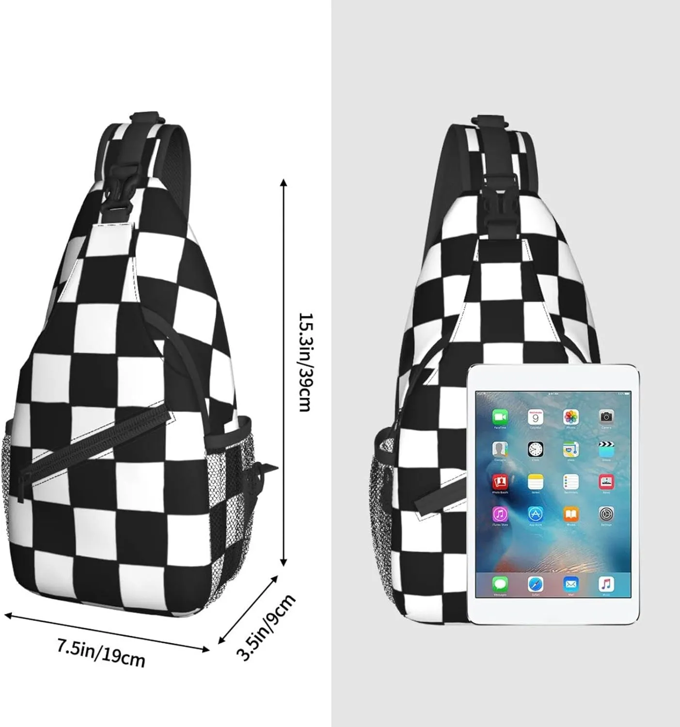 Checkered Black White Sling Backpack Crossbody Shoulder Bag Travel Hiking Daypack Gifts
