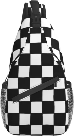 Checkered Black White Sling Backpack Crossbody Shoulder Bag Travel Hiking Daypack Gifts