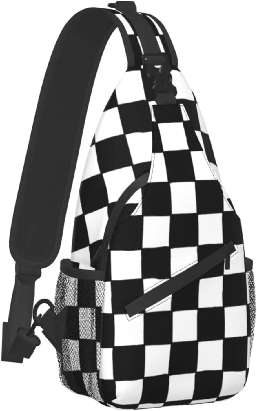 Checkered Black White Sling Backpack Crossbody Shoulder Bag Travel Hiking Daypack Gifts