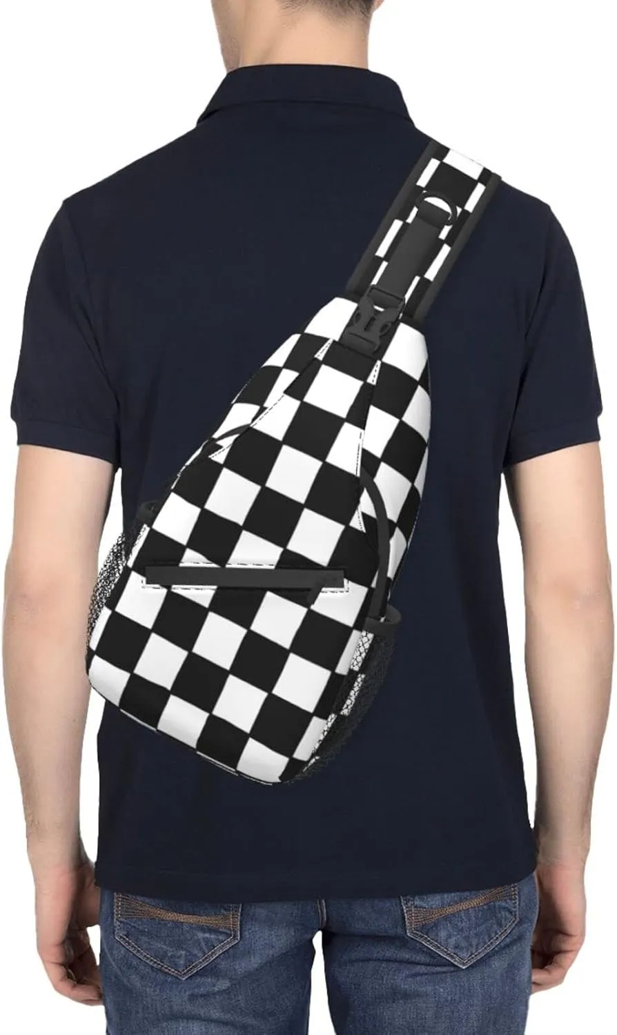 Checkered Black White Sling Backpack Crossbody Shoulder Bag Travel Hiking Daypack Gifts