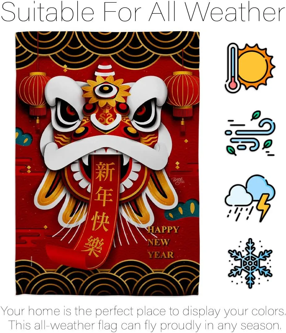 Chinese New Year Decorations Happy Lion Dance Garden Flag Home Decor Banner Wall Art Patio Lawn Front Porch Room Small Outdoor Tapestry Yard Sign Lunar Door Poster Gifts Made In USA