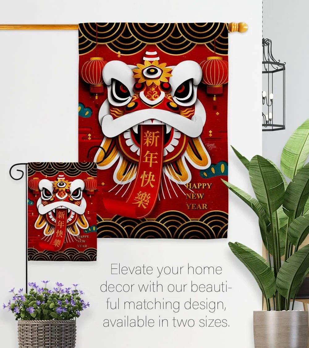 Chinese New Year Decorations Happy Lion Dance Garden Flag Home Decor Banner Wall Art Patio Lawn Front Porch Room Small Outdoor Tapestry Yard Sign Lunar Door Poster Gifts Made In USA