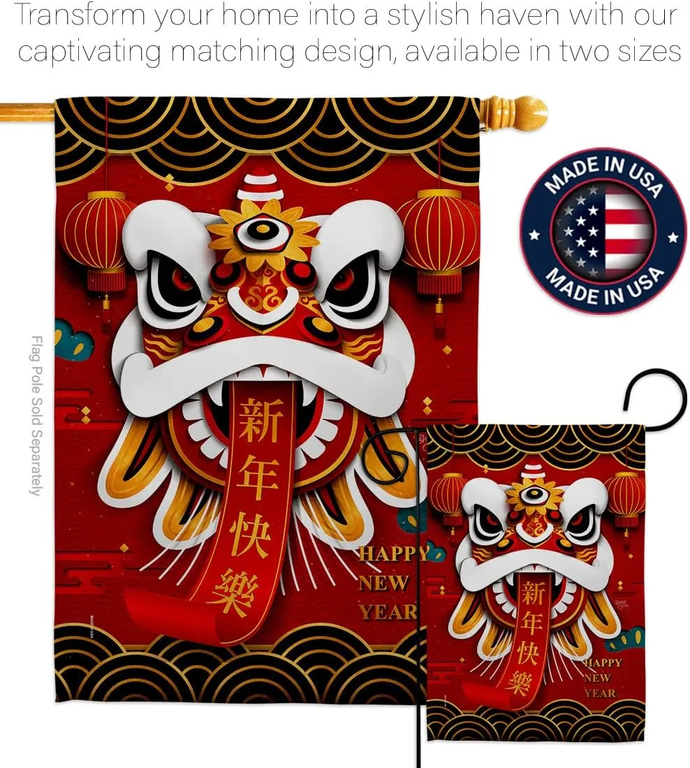 Chinese New Year Decorations Happy Lion Dance Garden Flag Home Decor Banner Wall Art Patio Lawn Front Porch Room Small Outdoor Tapestry Yard Sign Lunar Door Poster Gifts Made In USA