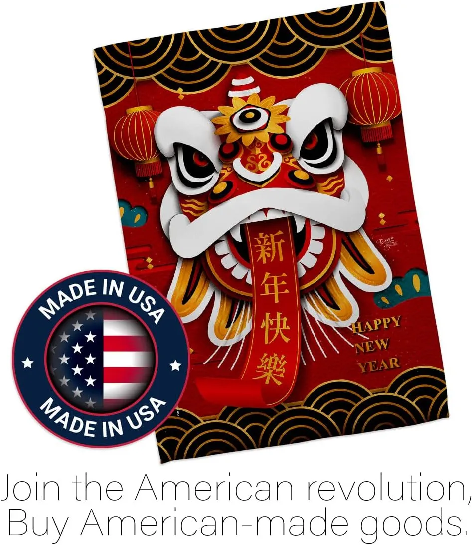 Chinese New Year Decorations Happy Lion Dance Garden Flag Home Decor Banner Wall Art Patio Lawn Front Porch Room Small Outdoor Tapestry Yard Sign Lunar Door Poster Gifts Made In USA