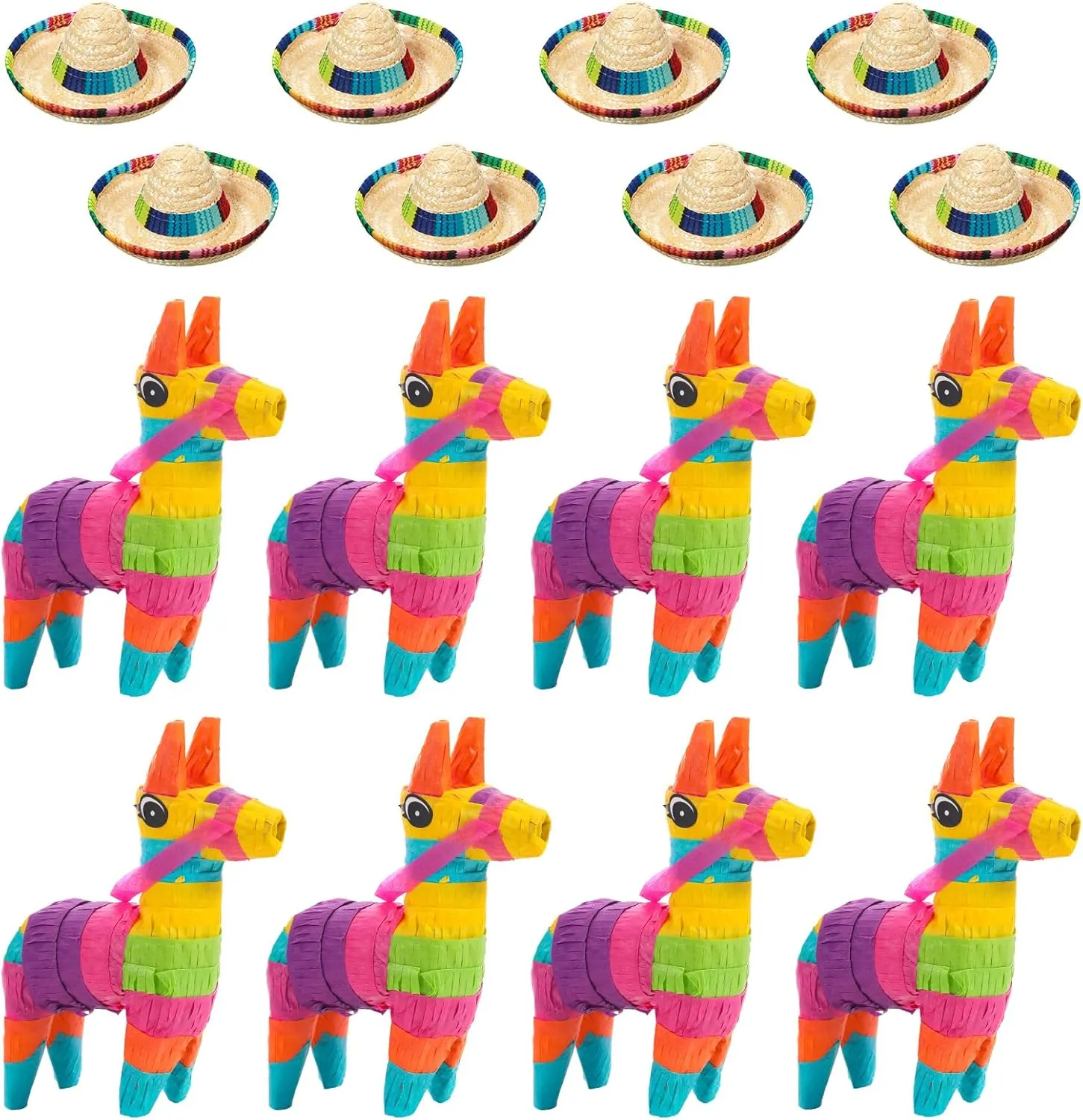 Chivao 16 Pcs 4 x 7 Inch Mini Donkey Piñata and Sombrero Hats Mexican Hat Decorations Fiesta Decorations Mini Mexican Piñata for Kids Birthday Fiesta Taco Supplies Luau Photo Prop