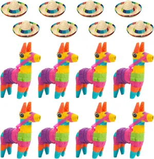 Chivao 16 Pcs 4 x 7 Inch Mini Donkey Piñata and Sombrero Hats Mexican Hat Decorations Fiesta Decorations Mini Mexican Piñata for Kids Birthday Fiesta Taco Supplies Luau Photo Prop