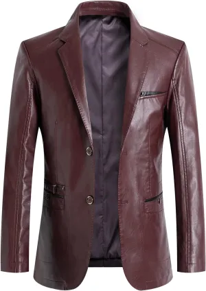 chouyatou Men's Casual Notched Collar 2 Button Slim Moto Faux Leather Blazer Suit Jacket