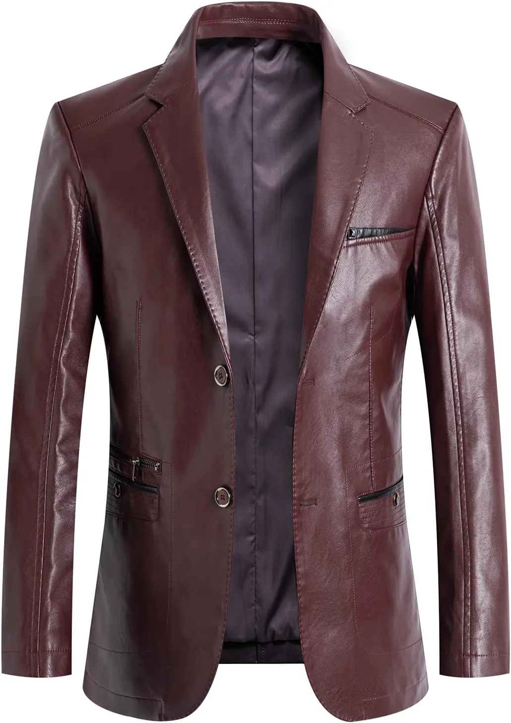 chouyatou Men's Casual Notched Collar 2 Button Slim Moto Faux Leather Blazer Suit Jacket