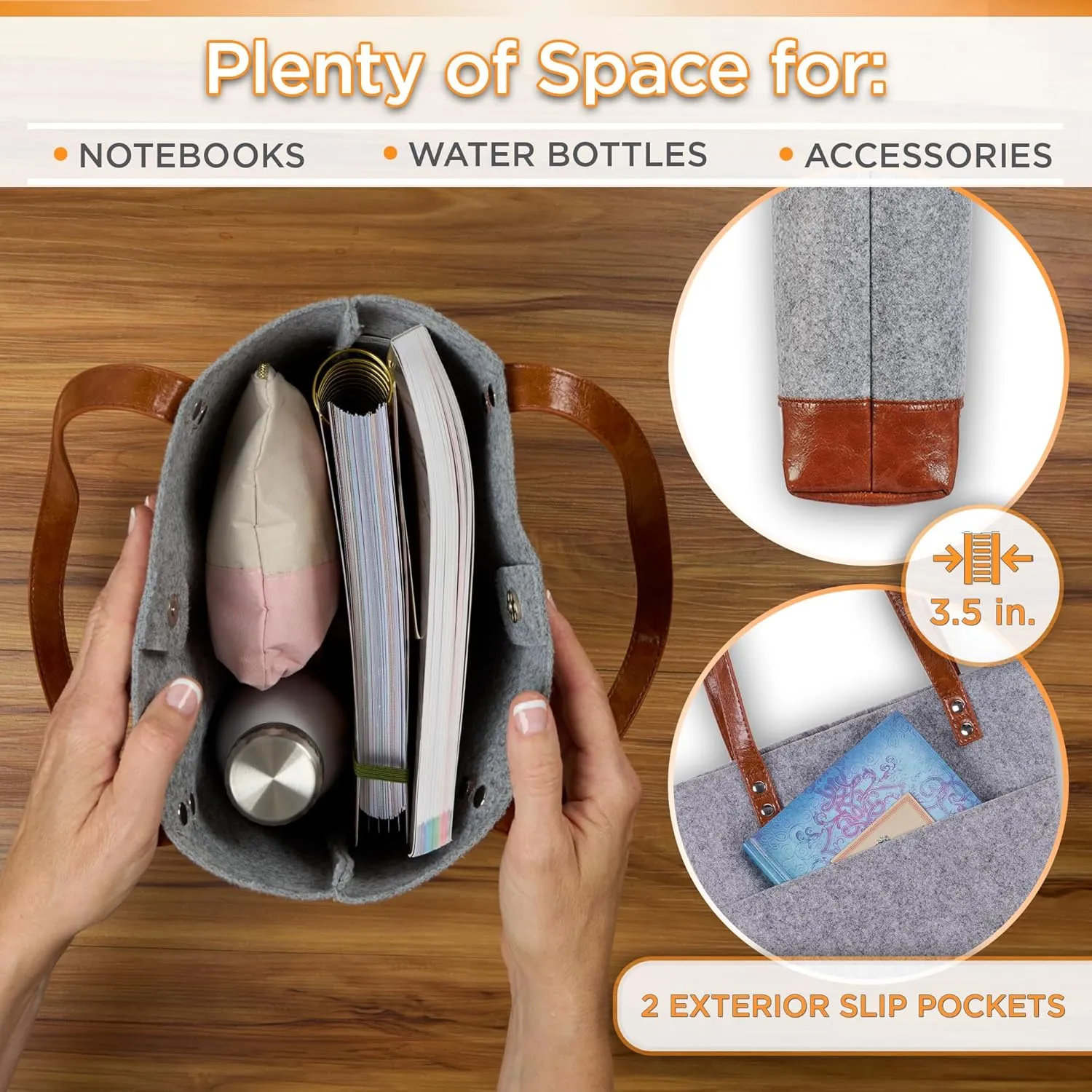 Christian Art Gifts Felt and Faux Leather Bible Tote for Women: With Metal Heart Badge, Pockets and Magnetic Button Closure, Toffee Brown and Gray, One Size Carry Bag for Books, Supplies and Shopping