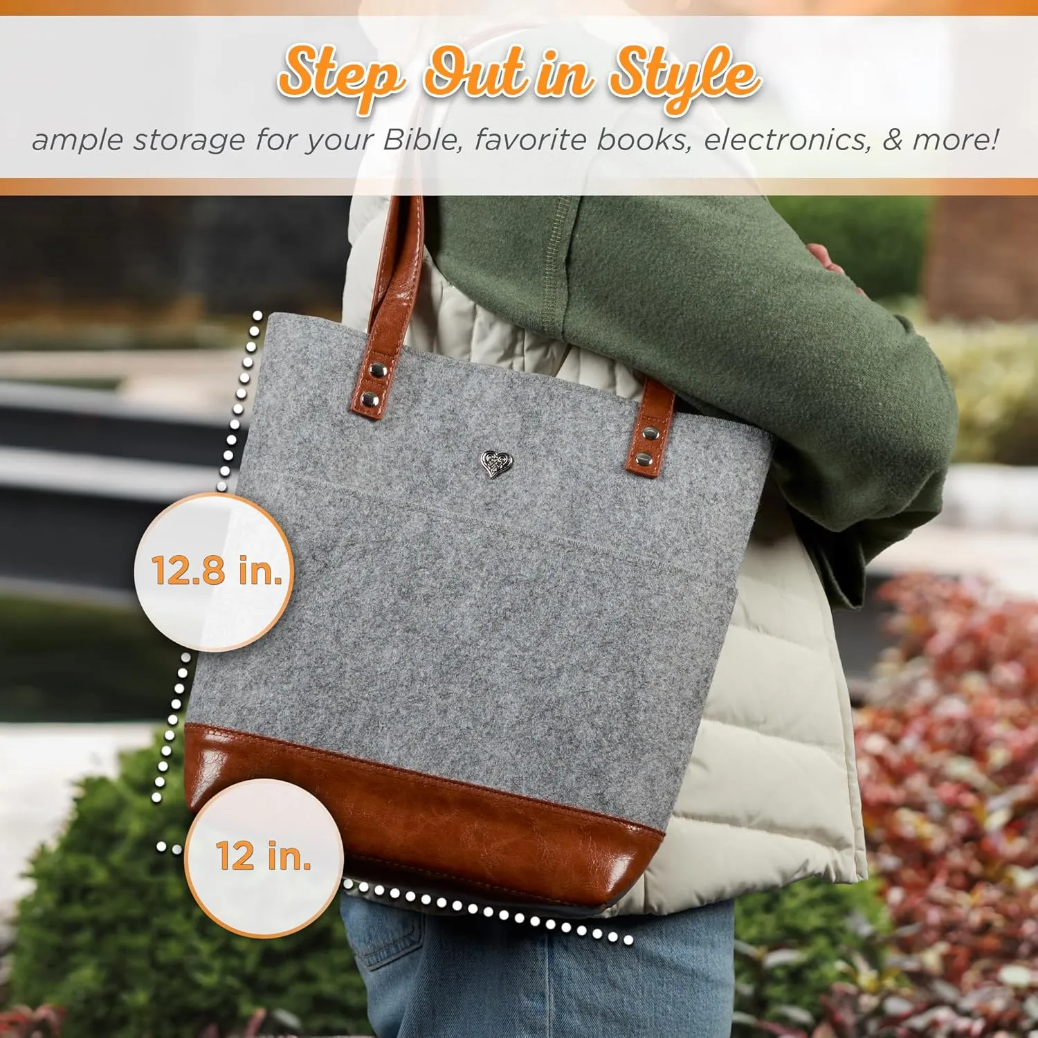 Christian Art Gifts Felt and Faux Leather Bible Tote for Women: With Metal Heart Badge, Pockets and Magnetic Button Closure, Toffee Brown and Gray, One Size Carry Bag for Books, Supplies and Shopping