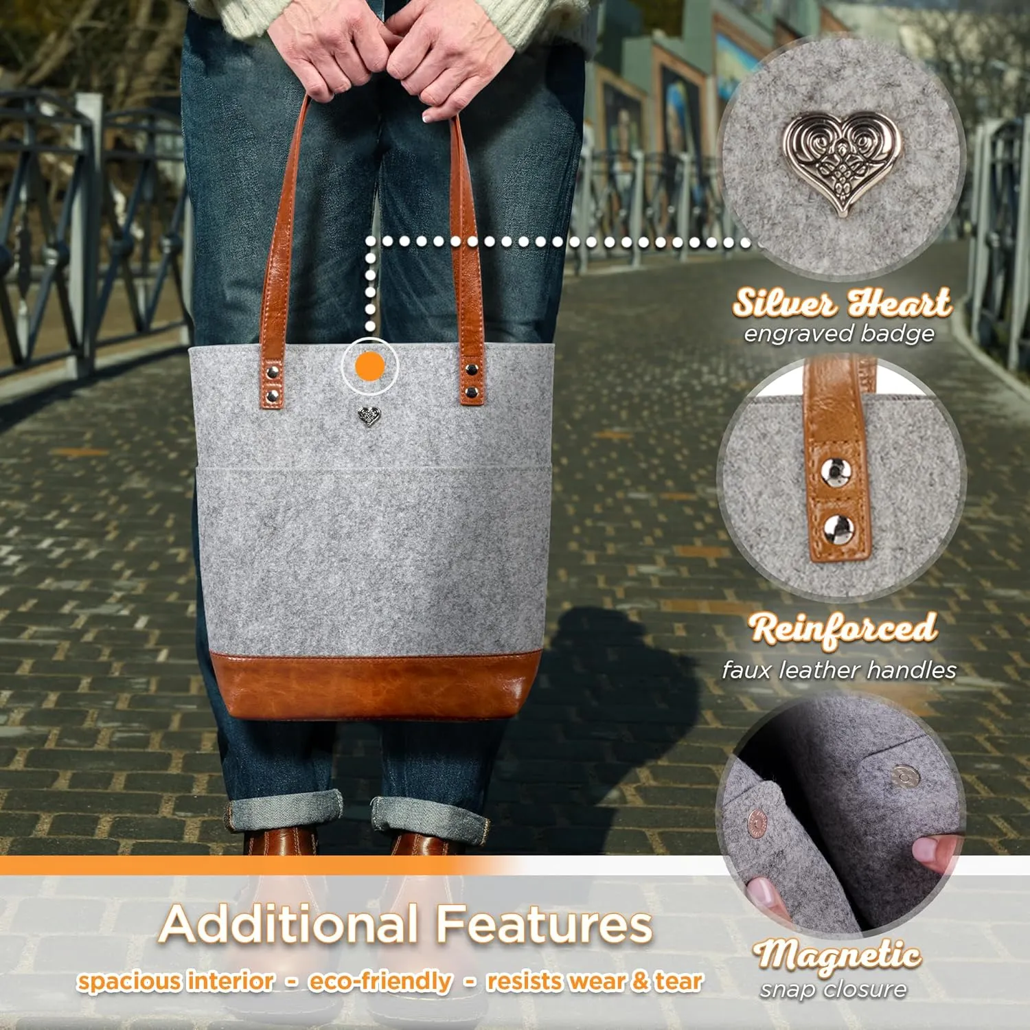 Christian Art Gifts Felt and Faux Leather Bible Tote for Women: With Metal Heart Badge, Pockets and Magnetic Button Closure, Toffee Brown and Gray, One Size Carry Bag for Books, Supplies and Shopping