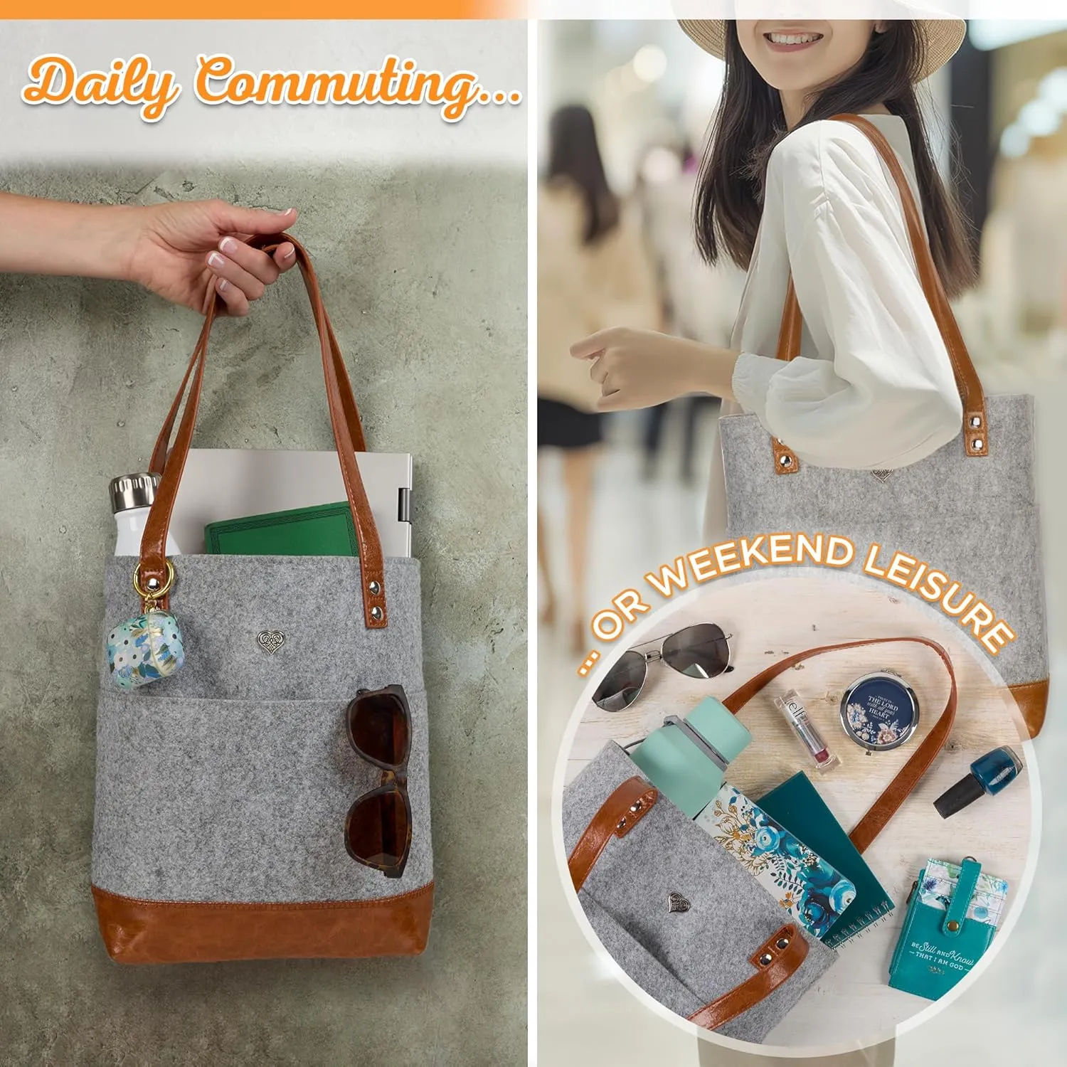 Christian Art Gifts Felt and Faux Leather Bible Tote for Women: With Metal Heart Badge, Pockets and Magnetic Button Closure, Toffee Brown and Gray, One Size Carry Bag for Books, Supplies and Shopping