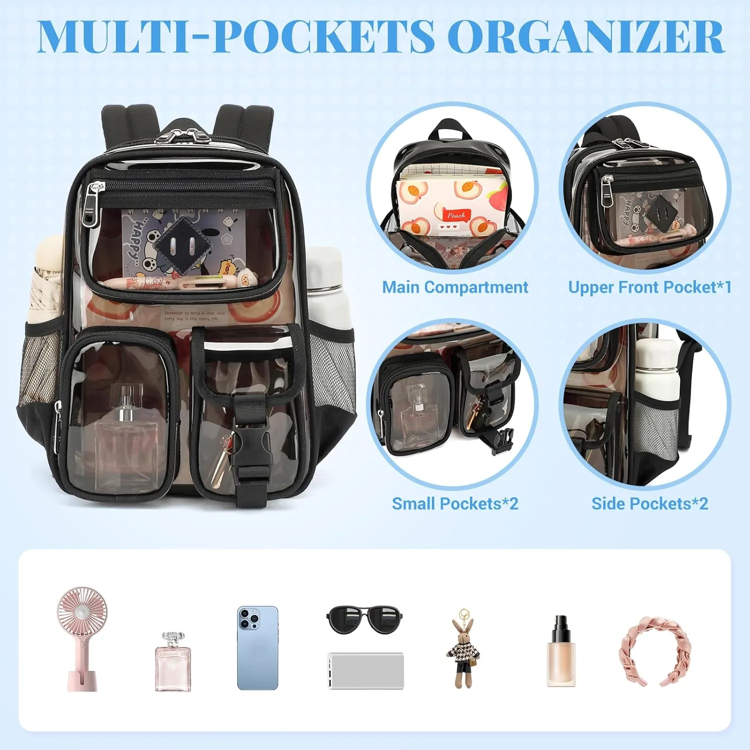 Clear Backpack for Stadium Events 12×12×6 in Mini Clear Bag Transparent School Bookbag for Kids Girls Boys Women for Concert, Sporting Events Festival,Black and Gray