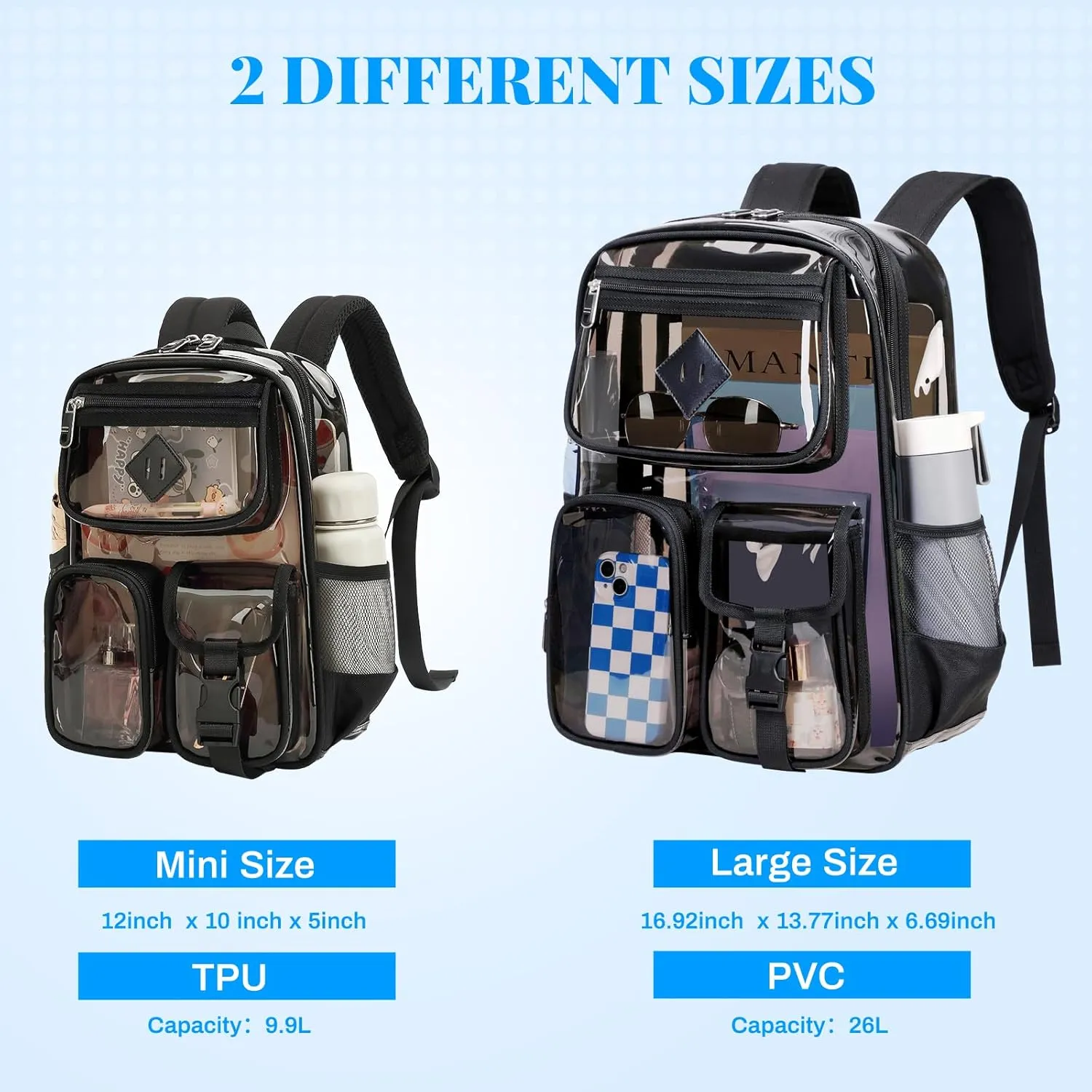 Clear Backpack for Stadium Events 12×12×6 in Mini Clear Bag Transparent School Bookbag for Kids Girls Boys Women for Concert, Sporting Events Festival,Black and Gray