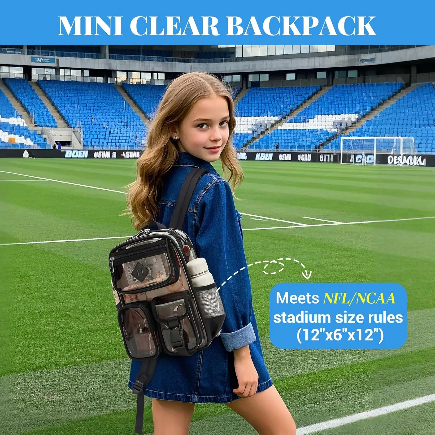 Clear Backpack for Stadium Events 12×12×6 in Mini Clear Bag Transparent School Bookbag for Kids Girls Boys Women for Concert, Sporting Events Festival,Black and Gray