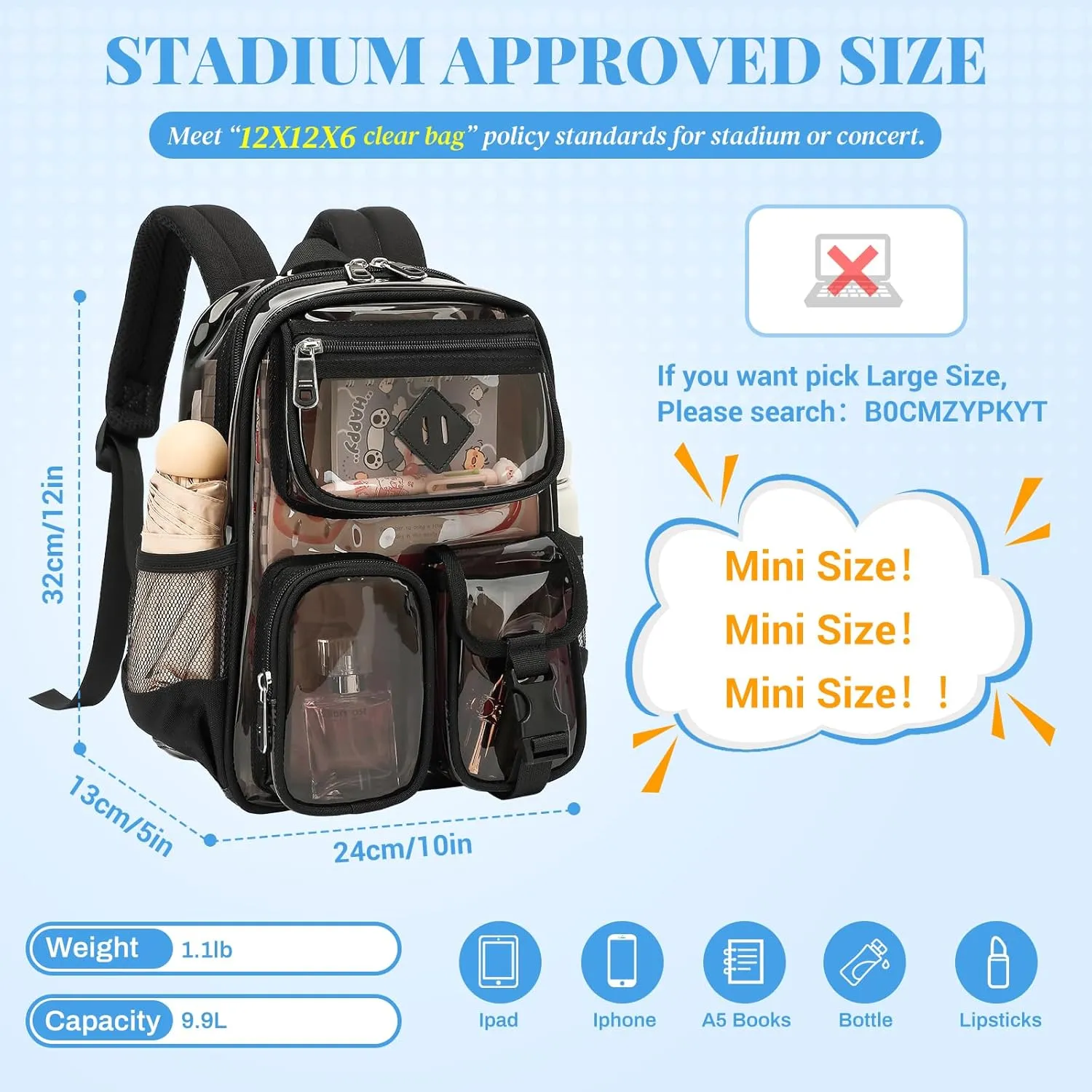Clear Backpack for Stadium Events 12×12×6 in Mini Clear Bag Transparent School Bookbag for Kids Girls Boys Women for Concert, Sporting Events Festival,Black and Gray