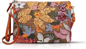 Clutch Purses for Women, Straw Bag, Bohemian Handmade Sequin Embroidered Flowers Envelope Package, Summer Beach Handbags for Vacation, Travel
