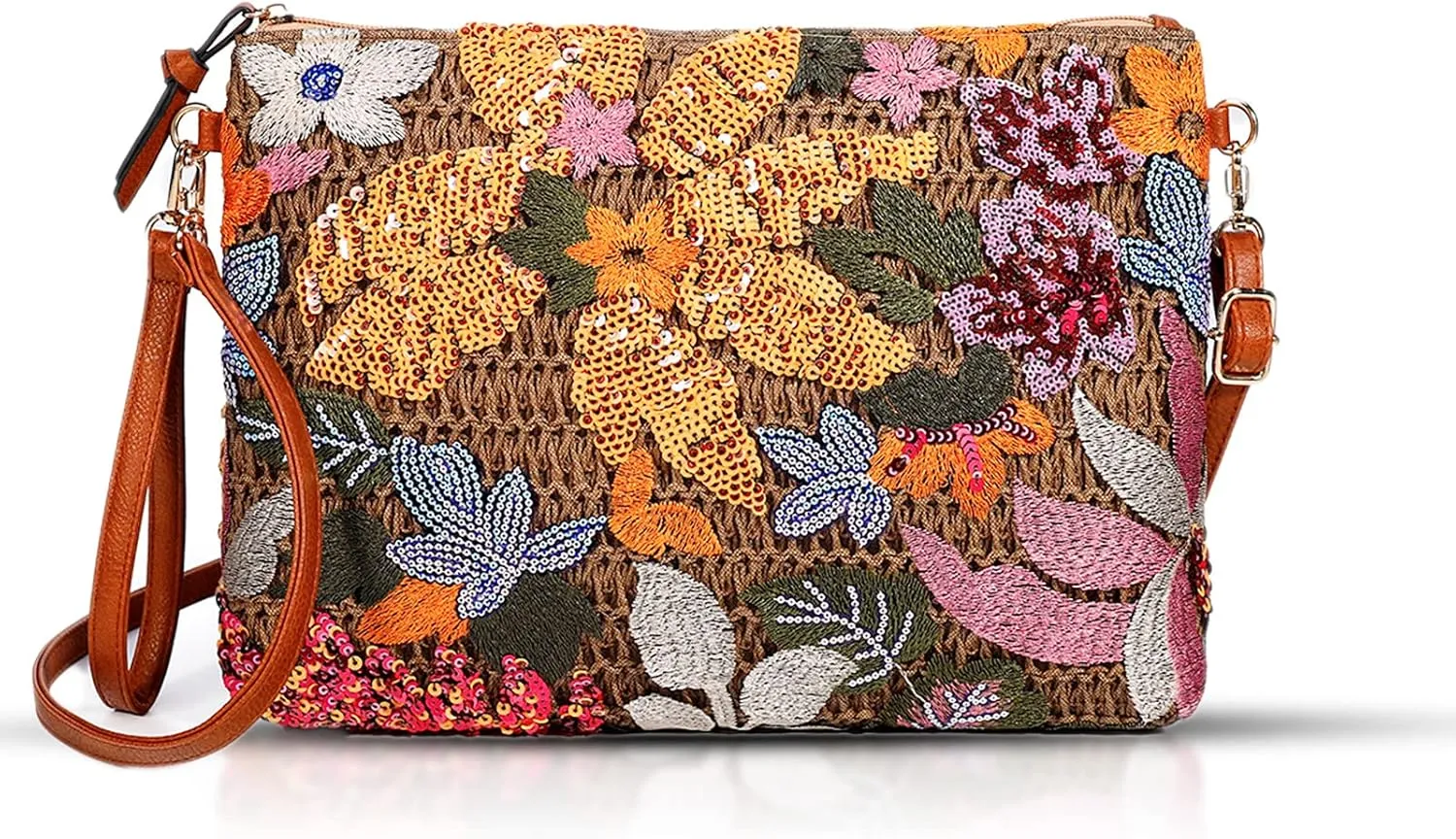Clutch Purses for Women, Straw Bag, Bohemian Handmade Sequin Embroidered Flowers Envelope Package, Summer Beach Handbags for Vacation, Travel