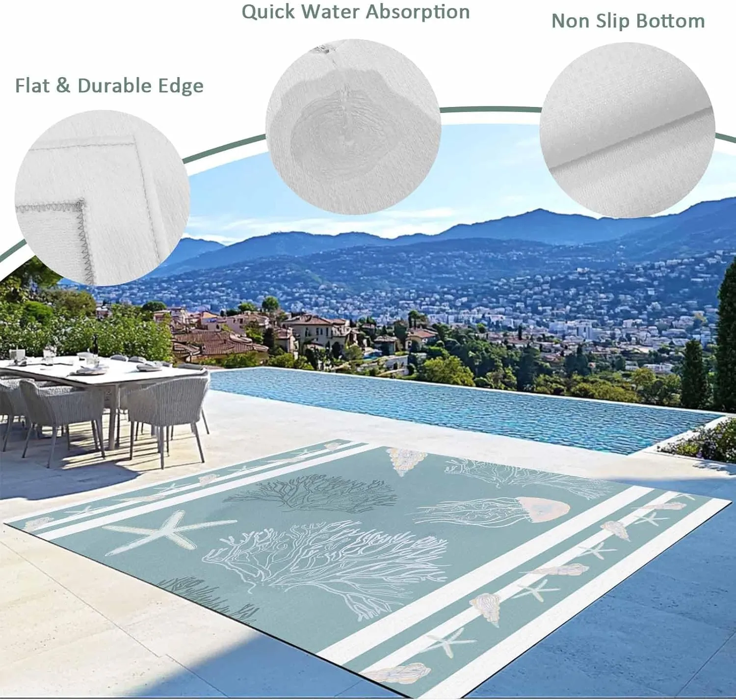 Coastal Blue Coral Outdoor Rug 5x8ft Large Patio Rug,Washable RV Camping Outside Area Runner Rug Mat,Ocean Starfish Conch Sea Jellyfish Stripes Carpet for Picnic Backyard Deck Porch Balcony Beach
