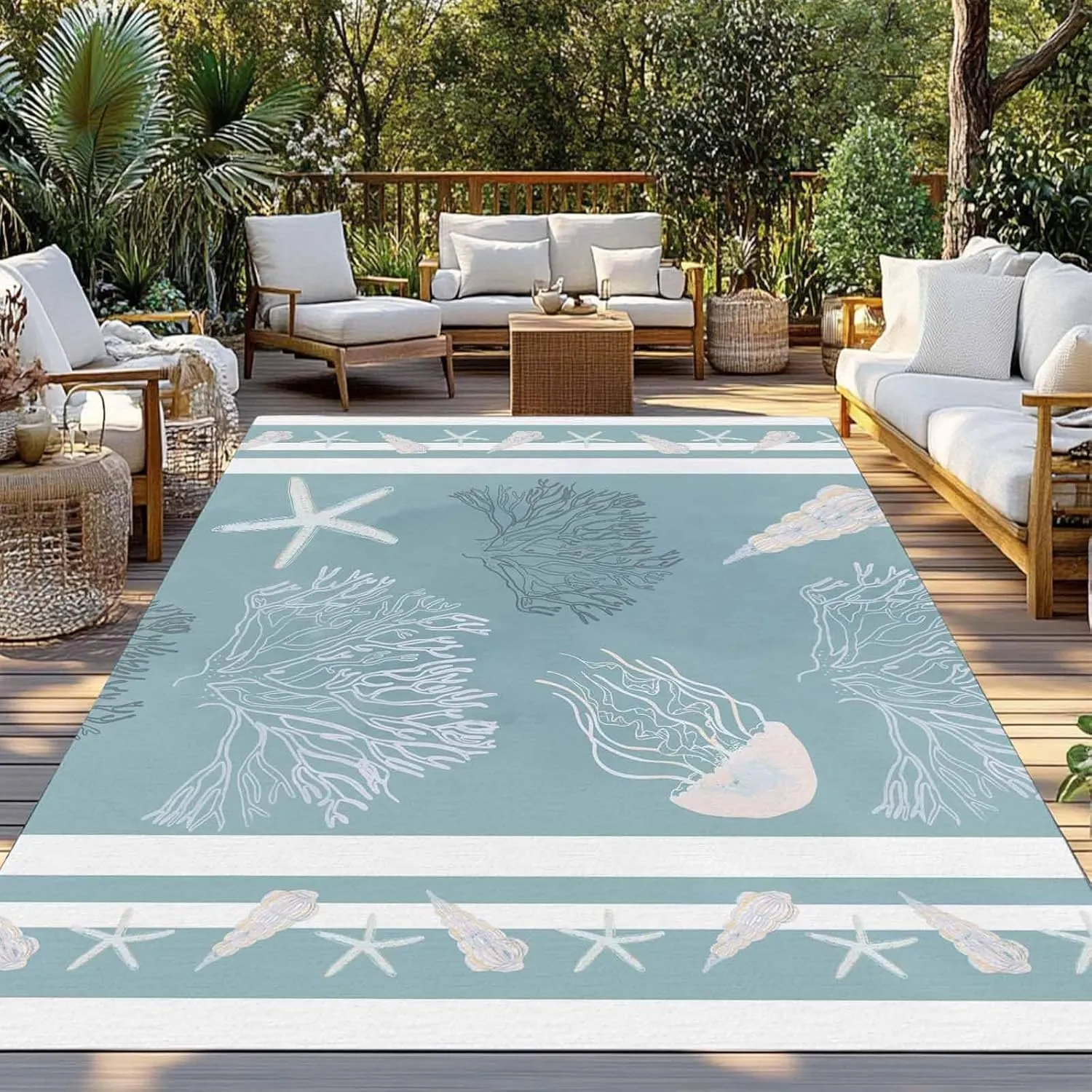 Coastal Blue Coral Outdoor Rug 5x8ft Large Patio Rug,Washable RV Camping Outside Area Runner Rug Mat,Ocean Starfish Conch Sea Jellyfish Stripes Carpet for Picnic Backyard Deck Porch Balcony Beach