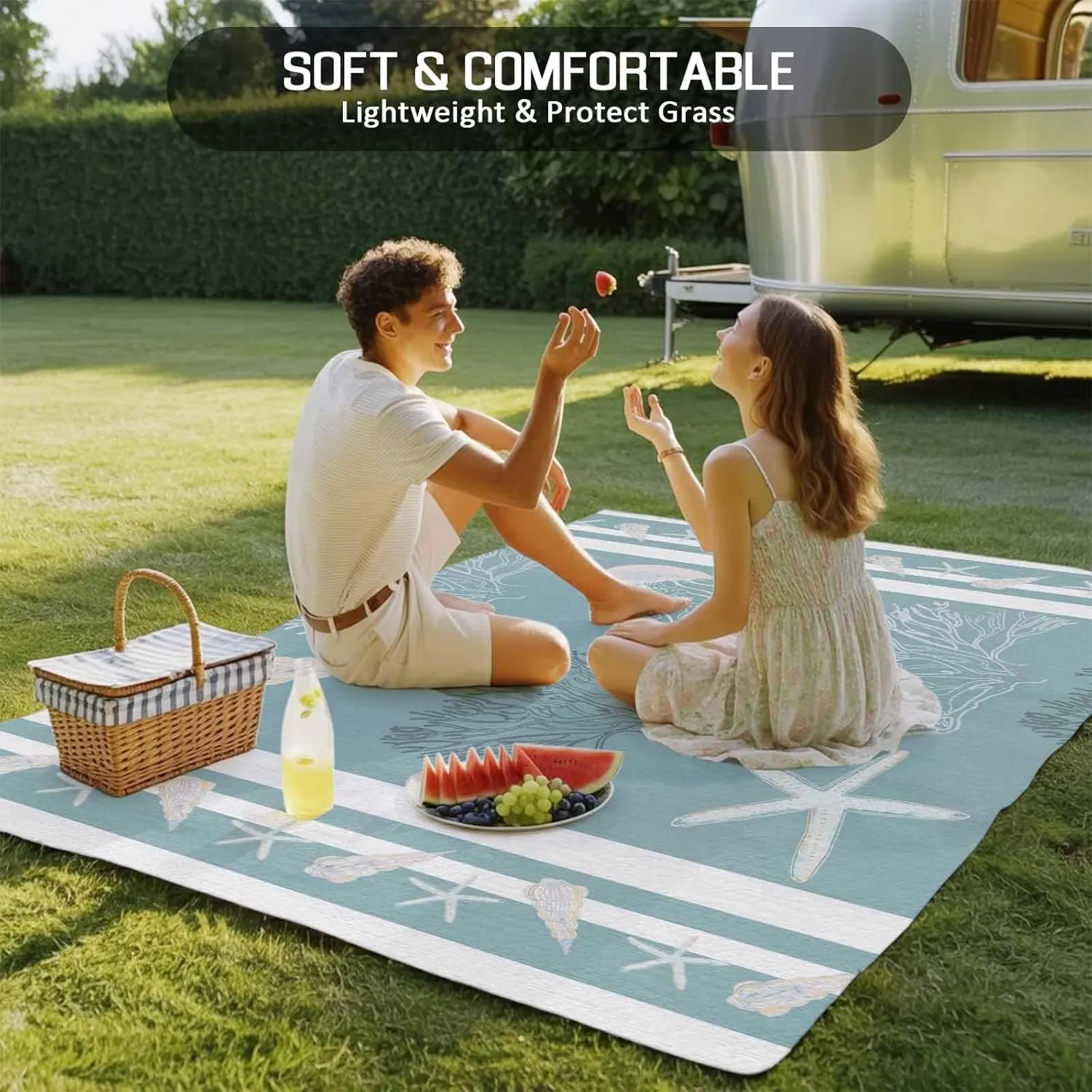 Coastal Blue Coral Outdoor Rug 5x8ft Large Patio Rug,Washable RV Camping Outside Area Runner Rug Mat,Ocean Starfish Conch Sea Jellyfish Stripes Carpet for Picnic Backyard Deck Porch Balcony Beach