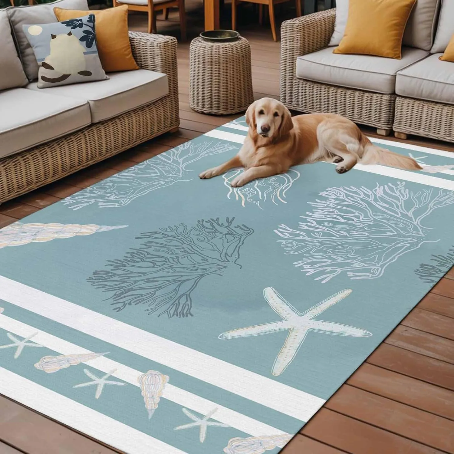 Coastal Blue Coral Outdoor Rug 5x8ft Large Patio Rug,Washable RV Camping Outside Area Runner Rug Mat,Ocean Starfish Conch Sea Jellyfish Stripes Carpet for Picnic Backyard Deck Porch Balcony Beach