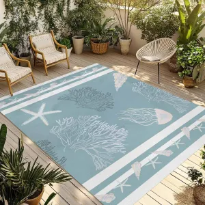 Coastal Blue Coral Outdoor Rug 5x8ft Large Patio Rug,Washable RV Camping Outside Area Runner Rug Mat,Ocean Starfish Conch Sea Jellyfish Stripes Carpet for Picnic Backyard Deck Porch Balcony Beach