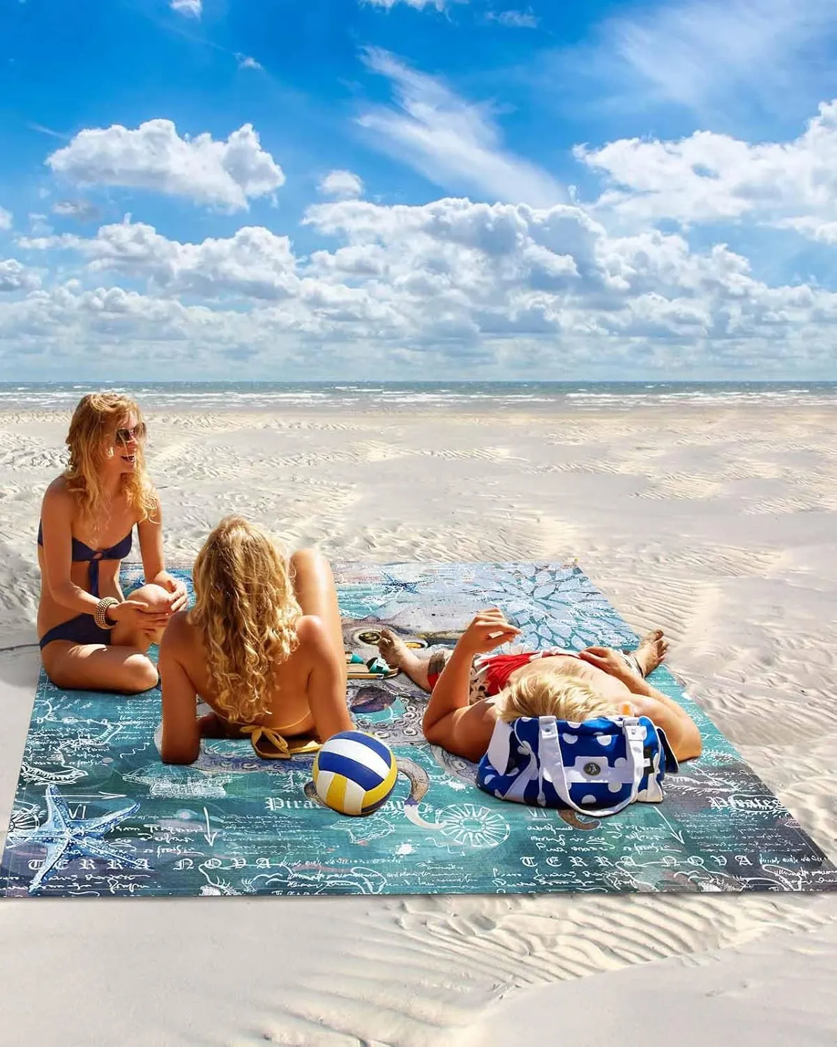 Coastal Octopus Beach Blanket Large with Stakes Waterproof Sandproof Beach Mat with Corner Pockets for Outdoor Travel Camping Hiking Picnic,Nautical Maps Ocean Sea Starfish Retro Green 83"x79"