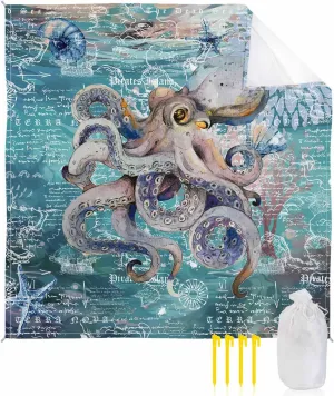 Coastal Octopus Beach Blanket Large with Stakes Waterproof Sandproof Beach Mat with Corner Pockets for Outdoor Travel Camping Hiking Picnic,Nautical Maps Ocean Sea Starfish Retro Green 83"x79"