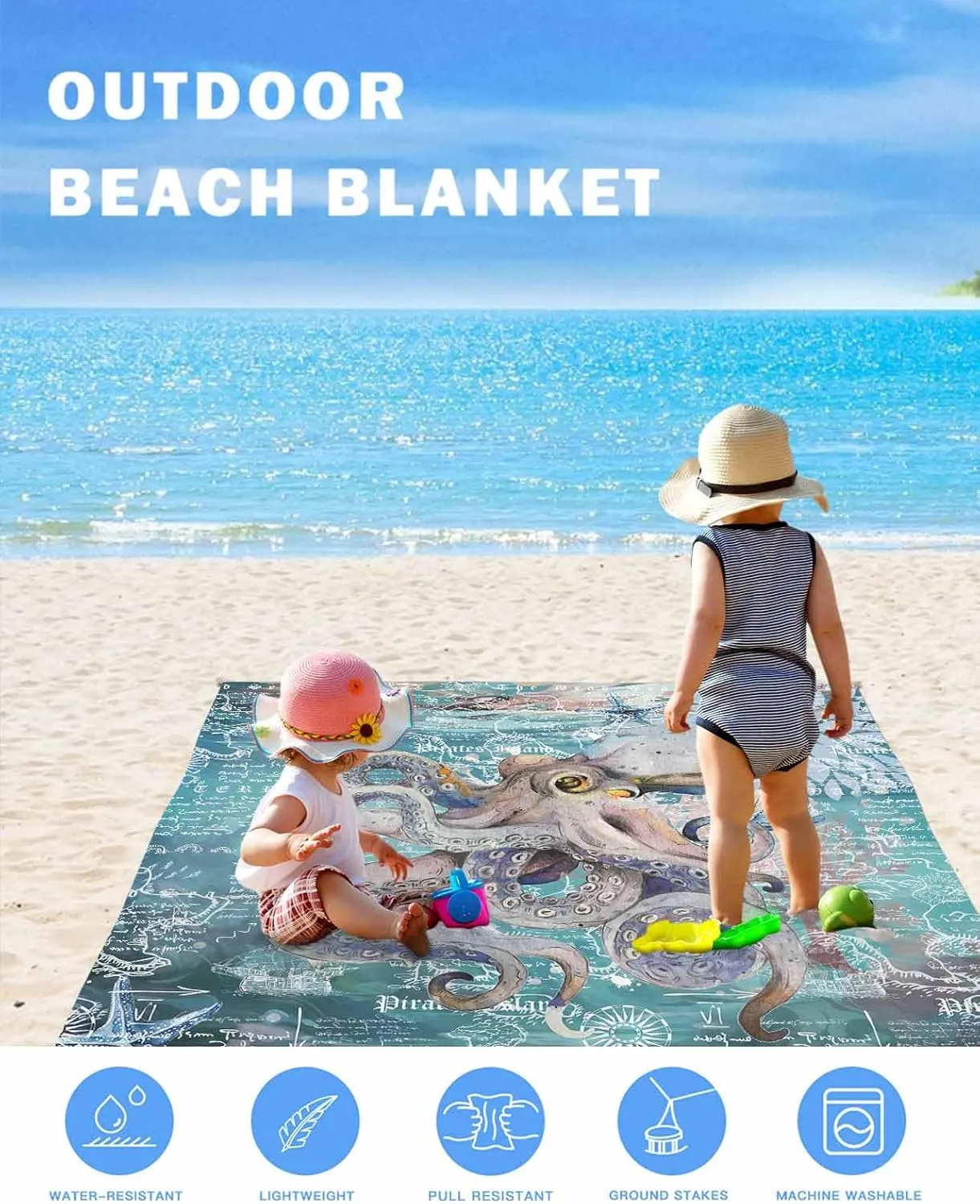 Coastal Octopus Beach Blanket Large with Stakes Waterproof Sandproof Beach Mat with Corner Pockets for Outdoor Travel Camping Hiking Picnic,Nautical Maps Ocean Sea Starfish Retro Green 83"x79"