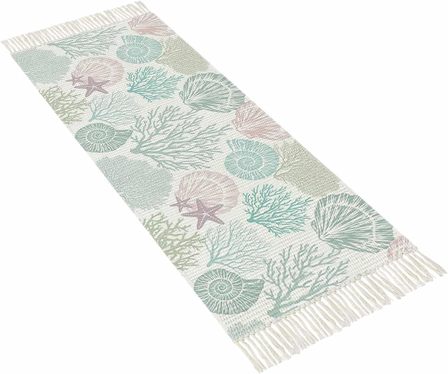 Coastal Seashells Runner Rug 2X4 Ft Entryway Outdoor Indoor Mat, Washable Woven Throw Carpet with Tassel, Nautical Ocean Beach Coral Starfish Non-Shedding Hallway Bath Mats