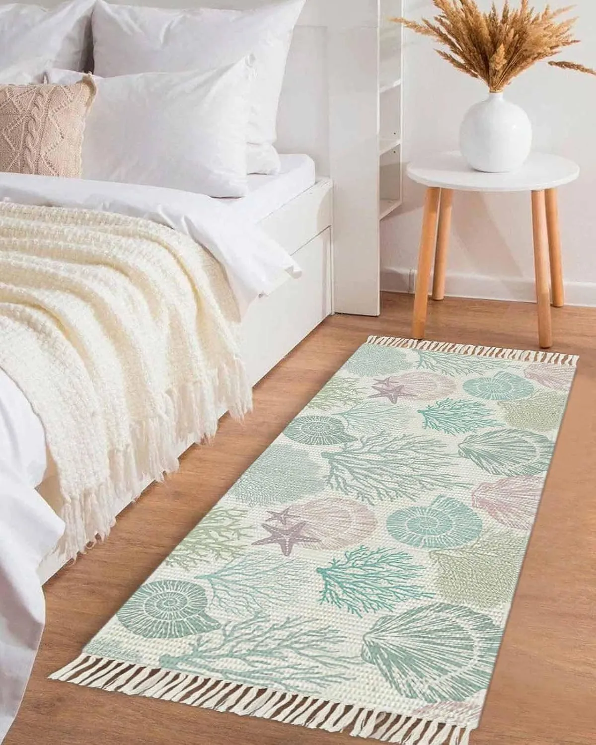 Coastal Seashells Runner Rug 2X4 Ft Entryway Outdoor Indoor Mat, Washable Woven Throw Carpet with Tassel, Nautical Ocean Beach Coral Starfish Non-Shedding Hallway Bath Mats