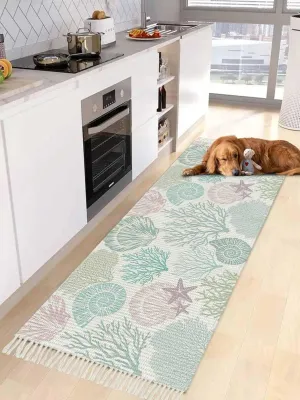 Coastal Seashells Runner Rug 2X4 Ft Entryway Outdoor Indoor Mat, Washable Woven Throw Carpet with Tassel, Nautical Ocean Beach Coral Starfish Non-Shedding Hallway Bath Mats
