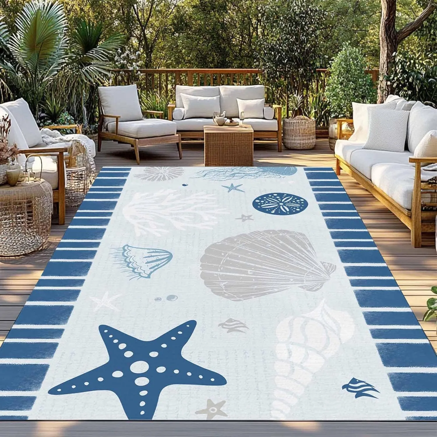 Coastal Starfish Outdoor Patio Rug 5x8ft Large,Washable RV Camping Outside Area Runner Rug Mat,Nautical Retro Blue Shells Conch Coral Stripes Carpet for Picnic Backyard Deck Porch Balcony Beach