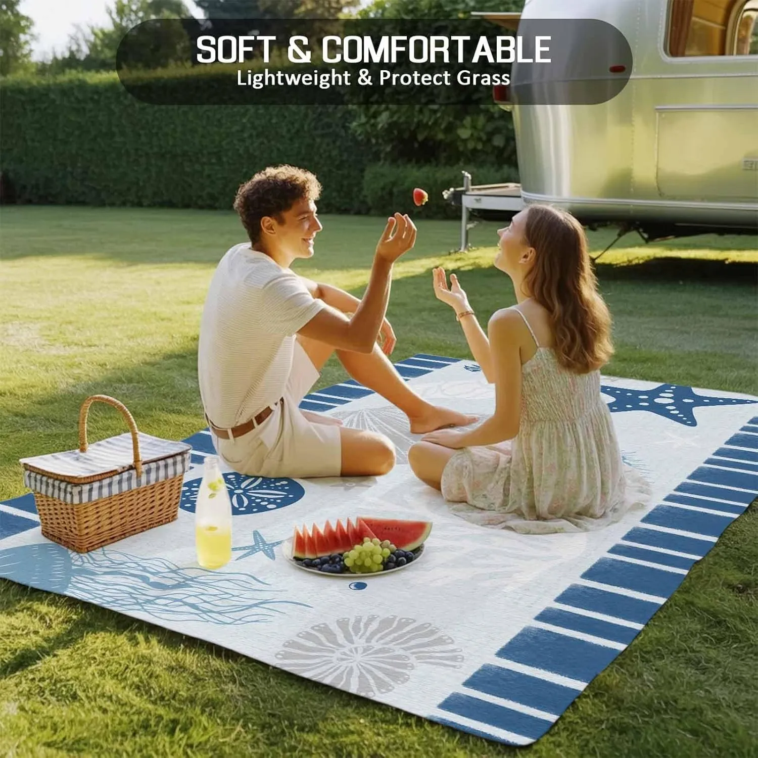 Coastal Starfish Outdoor Patio Rug 5x8ft Large,Washable RV Camping Outside Area Runner Rug Mat,Nautical Retro Blue Shells Conch Coral Stripes Carpet for Picnic Backyard Deck Porch Balcony Beach