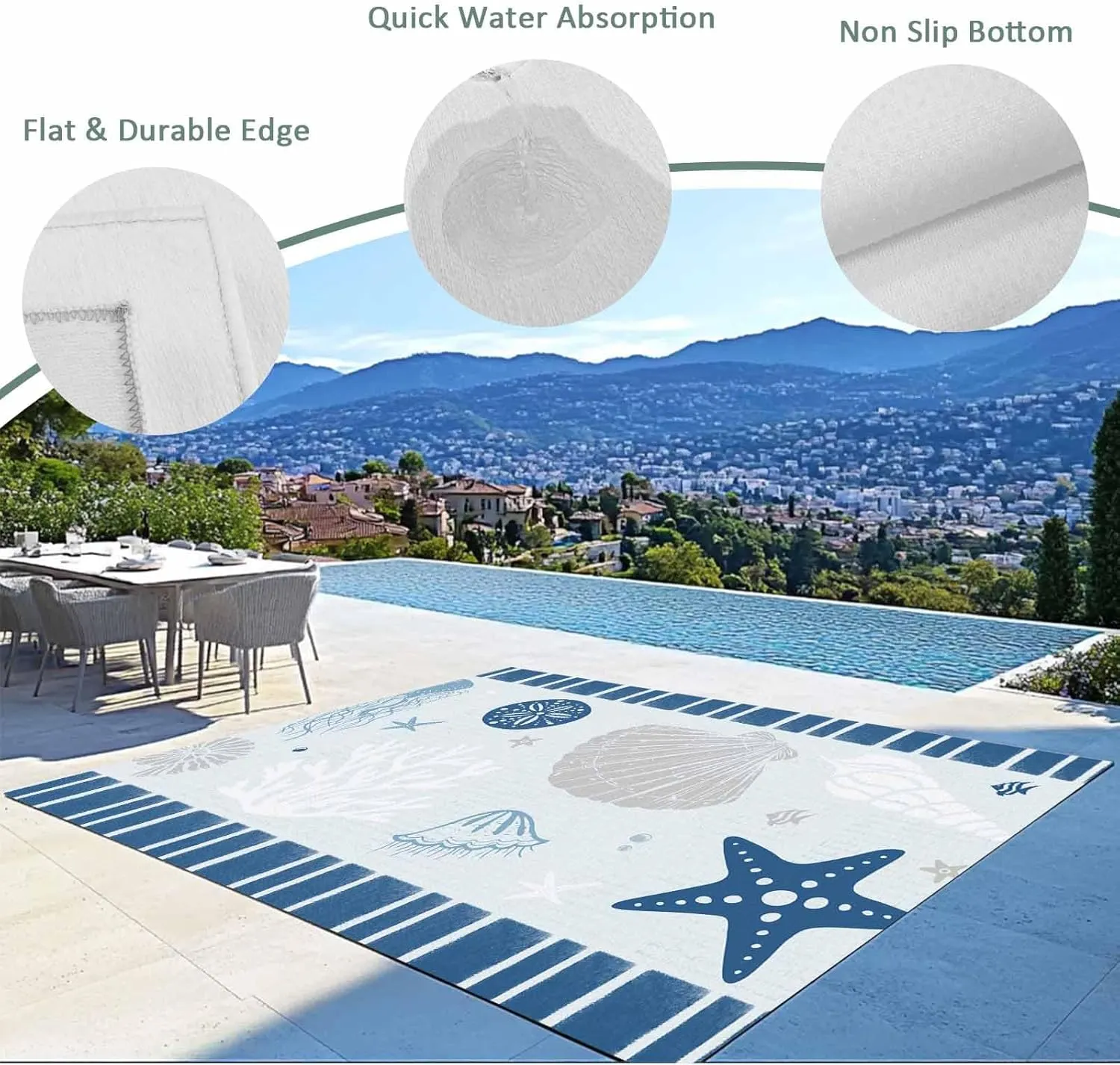 Coastal Starfish Outdoor Patio Rug 5x8ft Large,Washable RV Camping Outside Area Runner Rug Mat,Nautical Retro Blue Shells Conch Coral Stripes Carpet for Picnic Backyard Deck Porch Balcony Beach