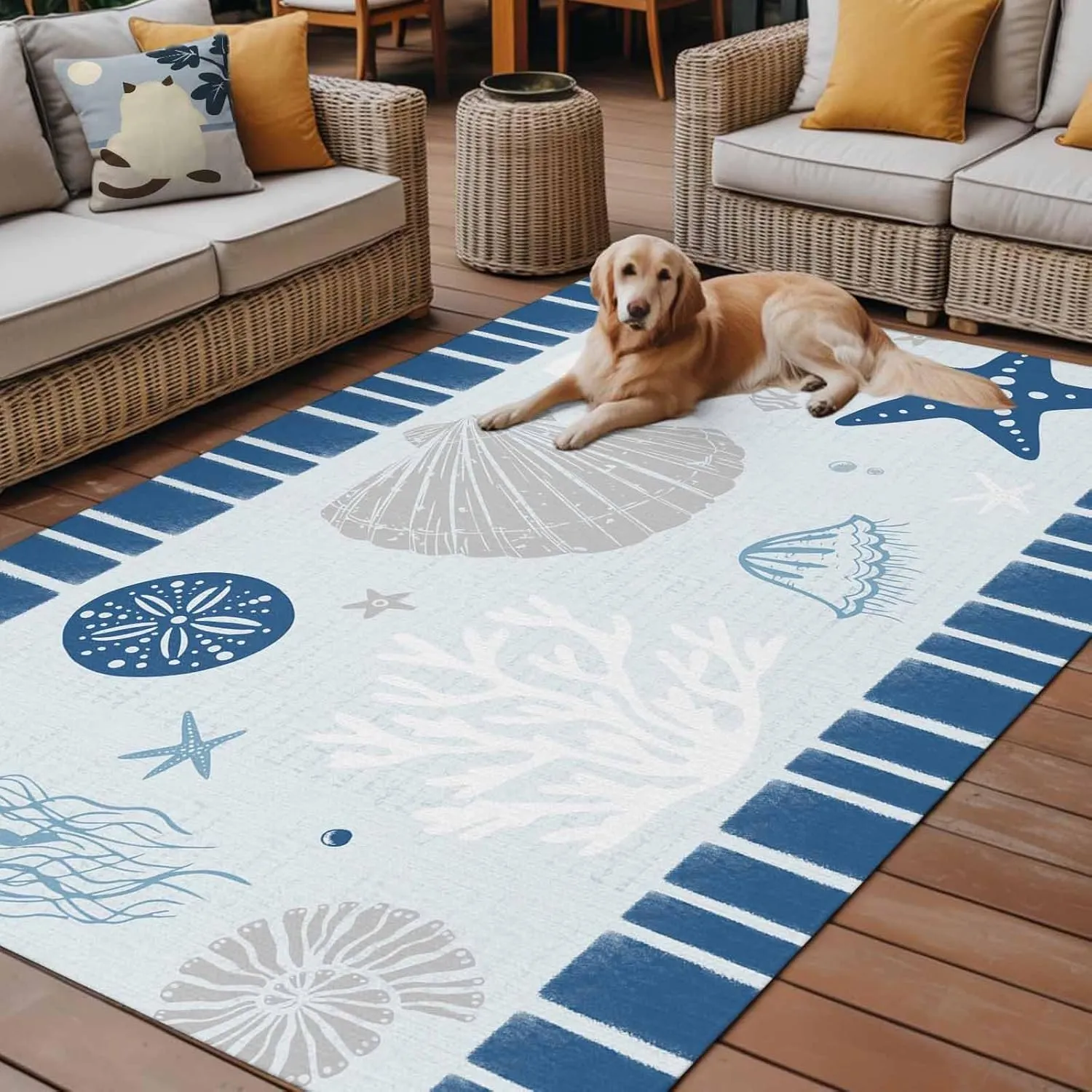 Coastal Starfish Outdoor Patio Rug 5x8ft Large,Washable RV Camping Outside Area Runner Rug Mat,Nautical Retro Blue Shells Conch Coral Stripes Carpet for Picnic Backyard Deck Porch Balcony Beach