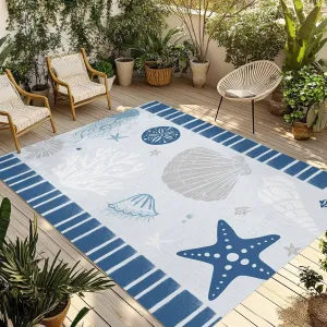 Coastal Starfish Outdoor Patio Rug 5x8ft Large,Washable RV Camping Outside Area Runner Rug Mat,Nautical Retro Blue Shells Conch Coral Stripes Carpet for Picnic Backyard Deck Porch Balcony Beach