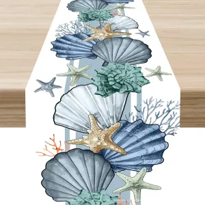 Coastal Table Runner,Nautical Starfish Coral Shell Beach Ocean Dining Tablerunner for Rustic Farmhouse Summer Table Indoor/Outdoor Party Restaurant Decor,13 x 72 Inches