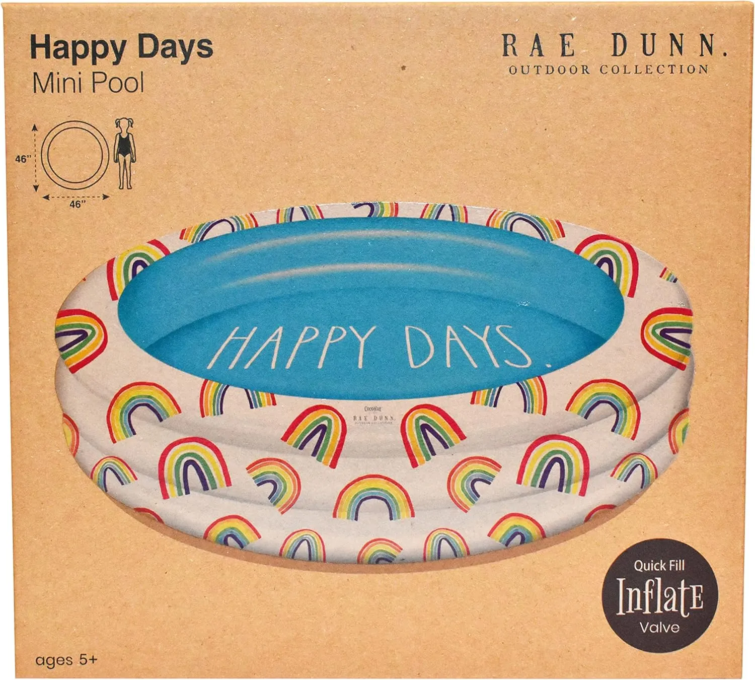 Coconut Float Rae Dunn x Mini Pool with Rainbow Graphics - Happy Days! Inflatable Swimming Pool for Kids - Great Splash Pool for Backyard, Summer Parties & Swim Events Ages 5 