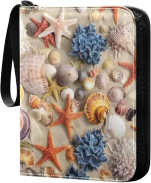 Colorful Seashells Starfish Beach Card Binder 4-Pockets, 400 Pockets Card Holder with 50 Removable Sleeves, Trading Card Collector Zipper Album Holder, Collector Album