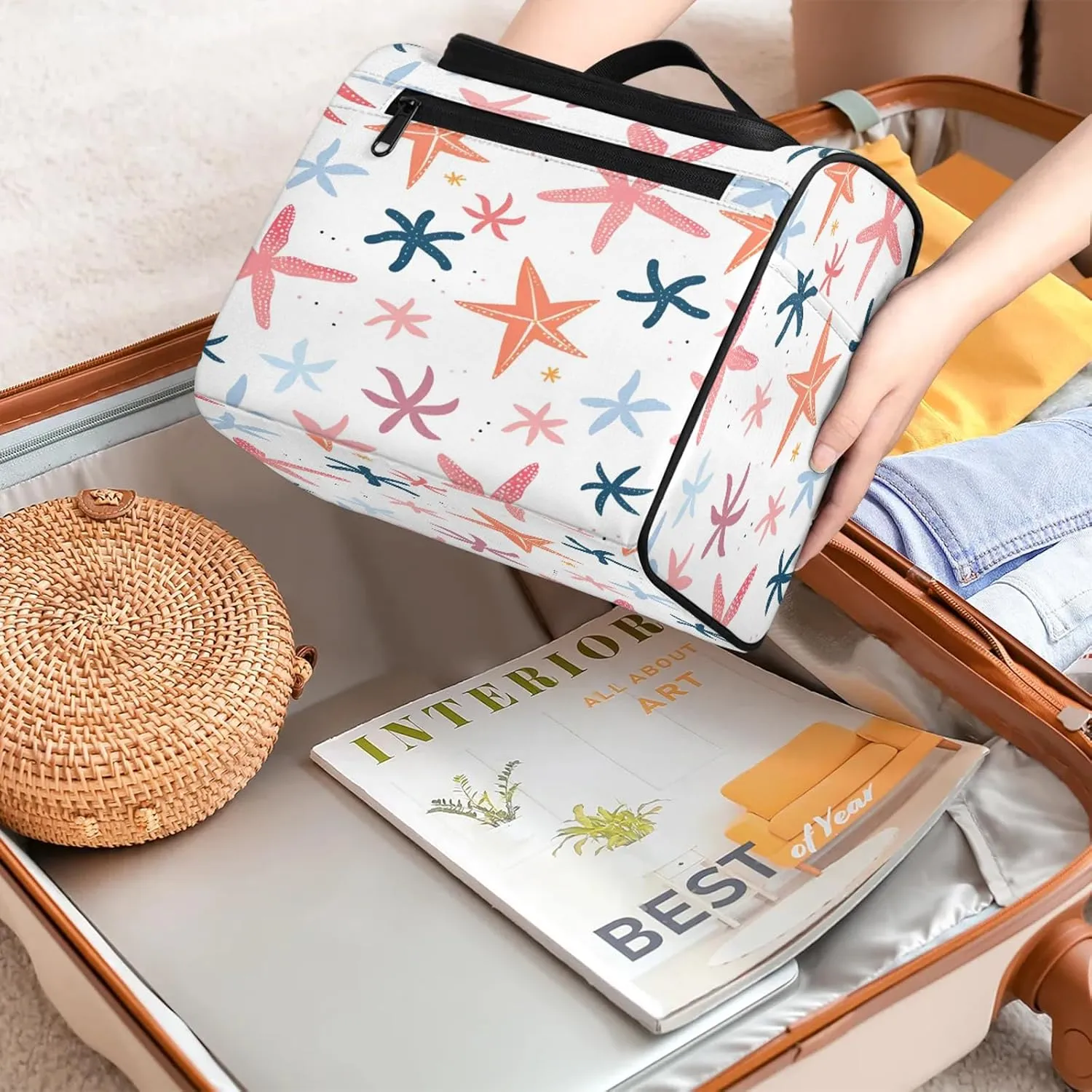 Colorful Starfish Large Makeup Bag Travel Make Up Organizer for Women Girls Cosmetic Bag Organizer With Handle