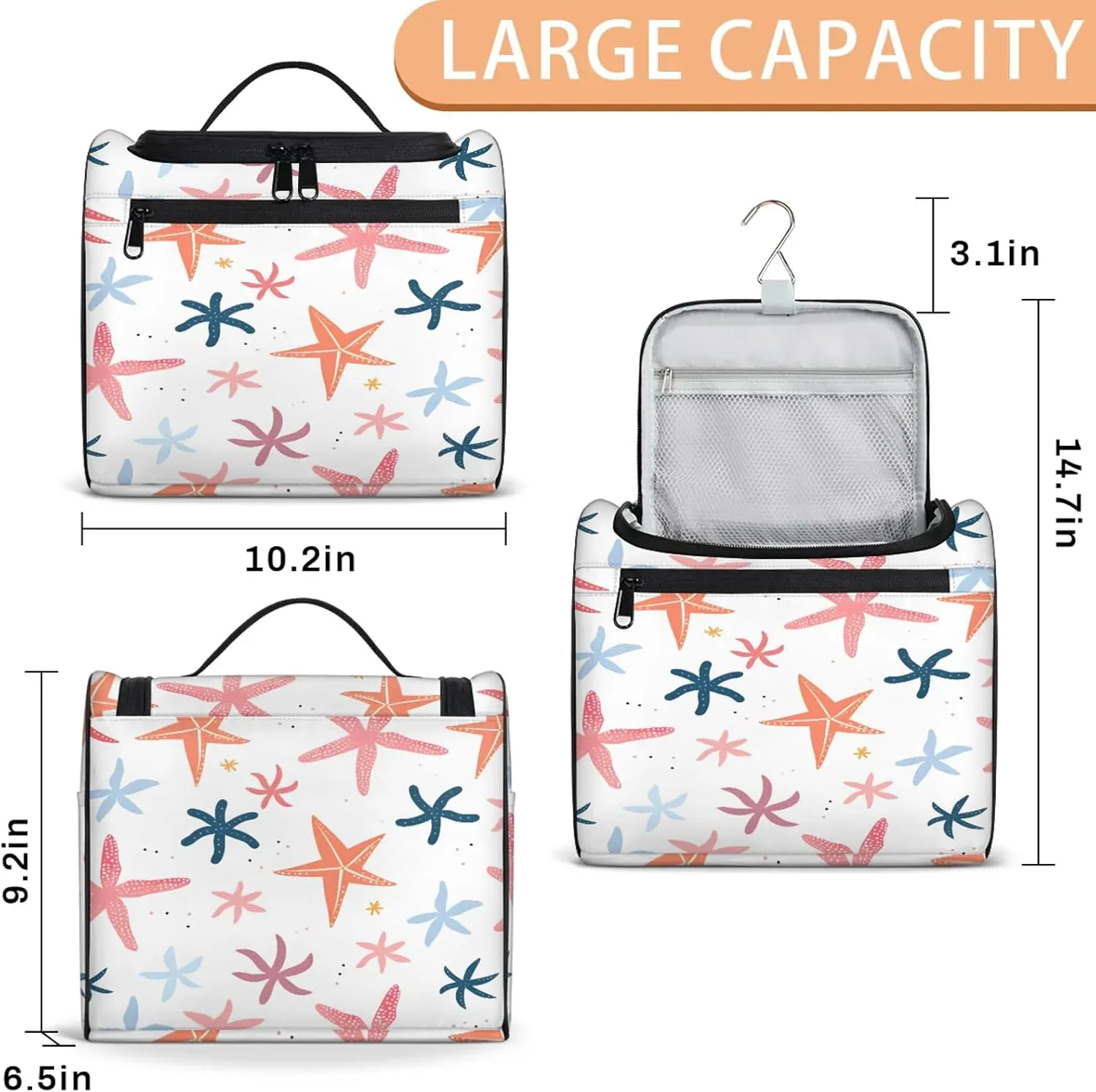 Colorful Starfish Large Makeup Bag Travel Make Up Organizer for Women Girls Cosmetic Bag Organizer With Handle